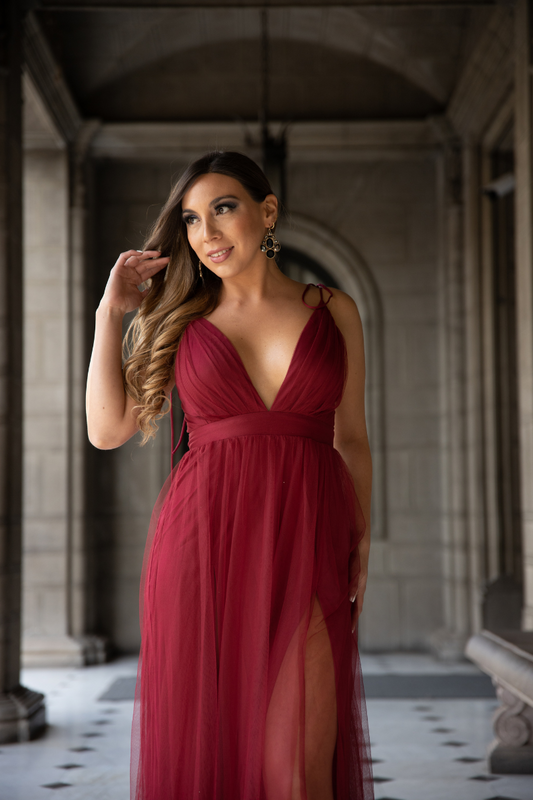 MAXI VESTIDO TUL ZIRCÓN BURDEO