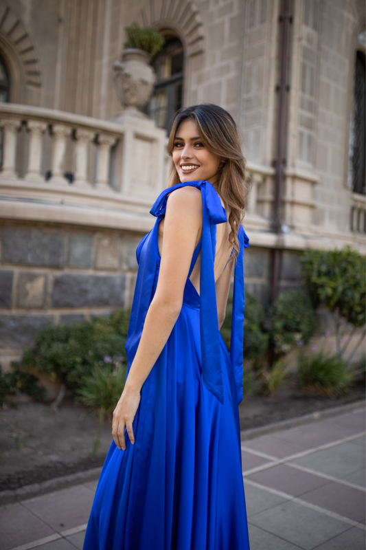 VESTIDO LARGO SATIN BELICE AZUL