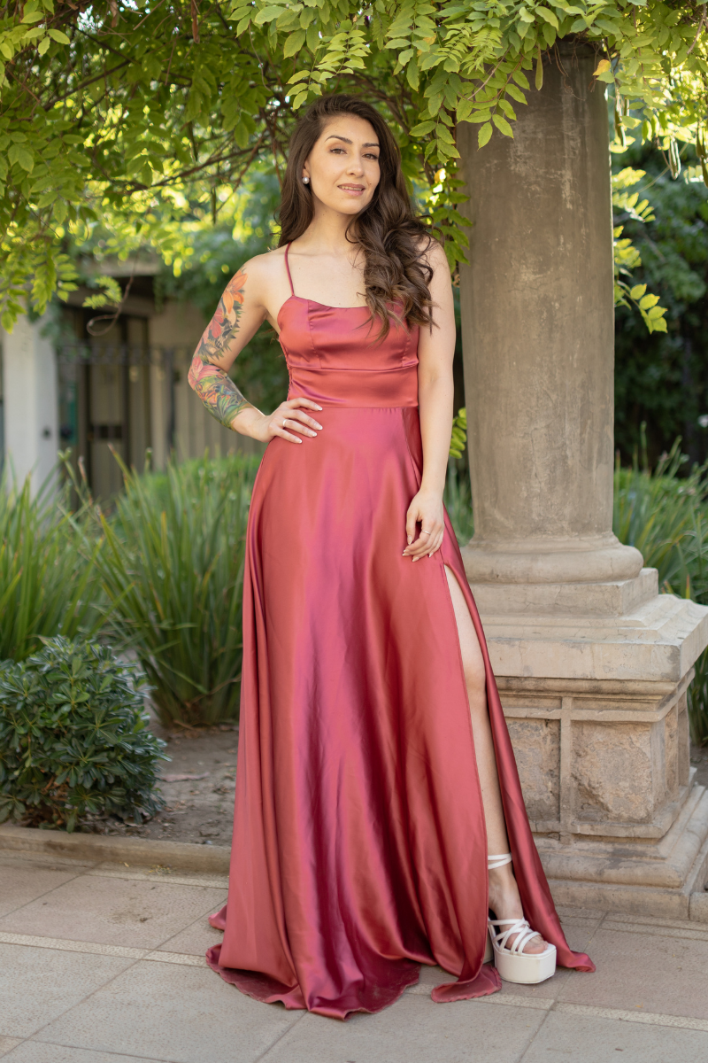 VESTIDO LARGO ROMA SATIN CANELA