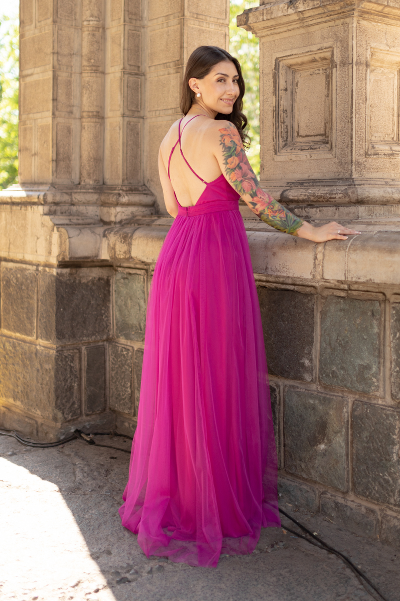 VESTIDO LARGO VIENA TUL FUCSIA