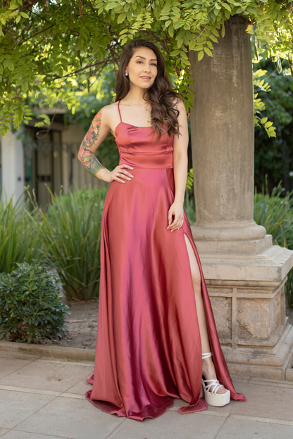 VESTIDO LARGO ROMA SATIN CANELA