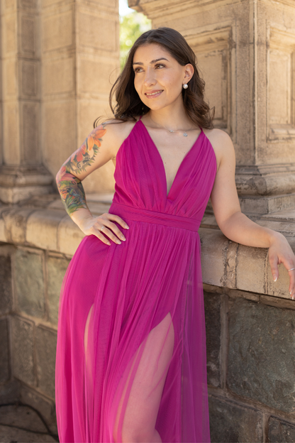 VESTIDO LARGO VIENA TUL FUCSIA